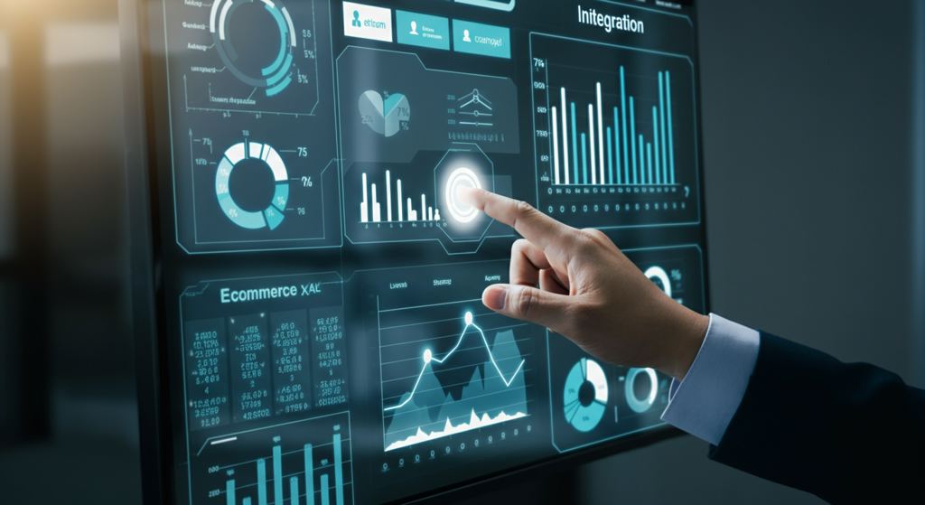 Eine Geschäftsperson zeigt auf ein digitales Dashboard, das KI-Integrationsmetriken anzeigt.