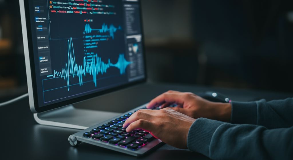 Hände eines Entwicklers, der auf einer Tastatur tippt, mit KI-Code und Sprachwellenform auf dem Bildschirm