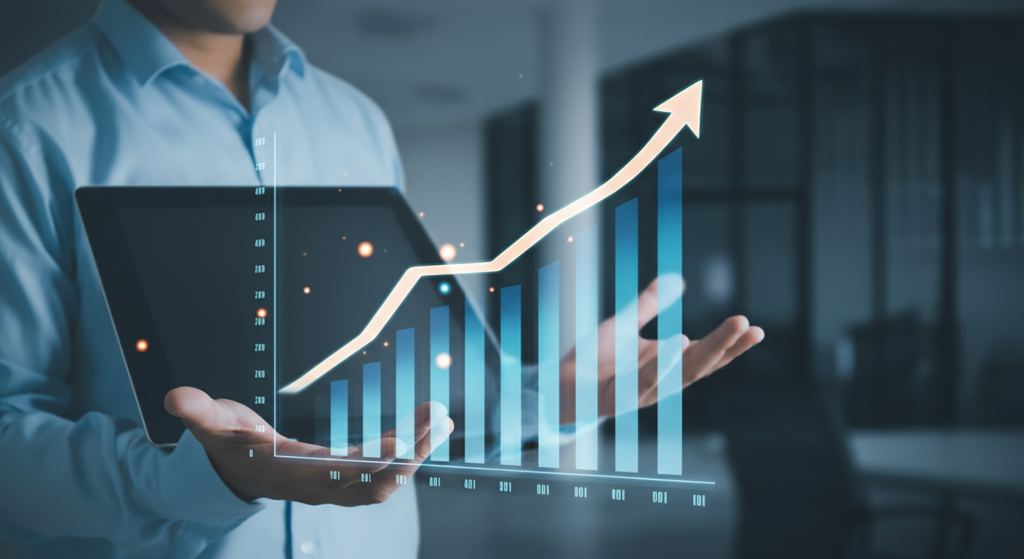 Digitale Grafik, die das E-Commerce-Umsatzwachstum mit einem holografischen Sprachassistenten zeigt.