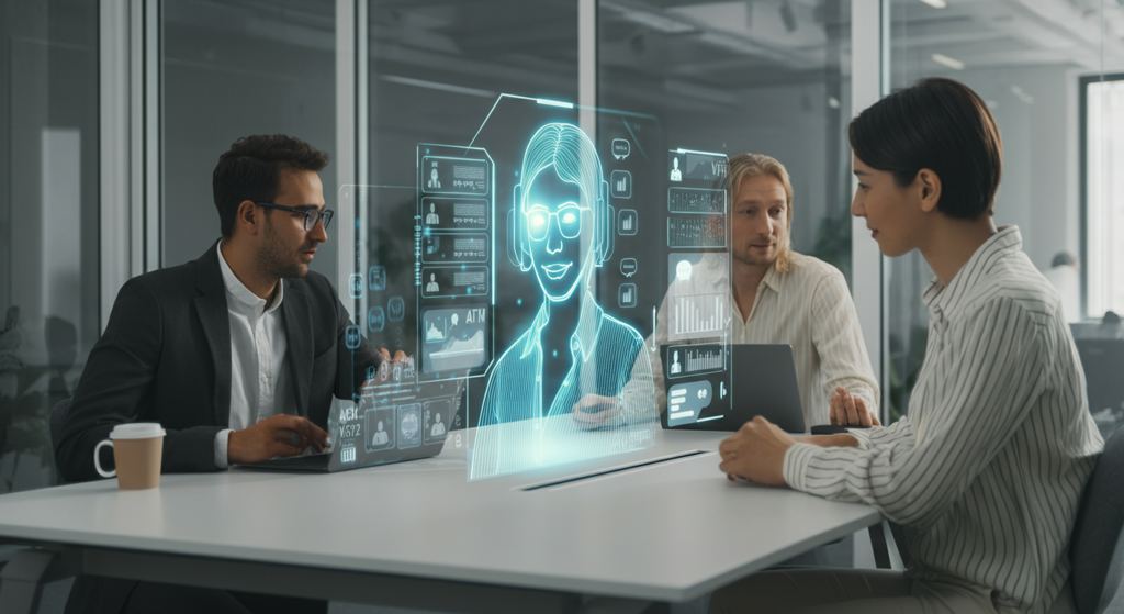 Ein modernes Büro in München mit holografischen Schnittstellen, die KI-Sprachassistenten-Interaktionen zeigen.