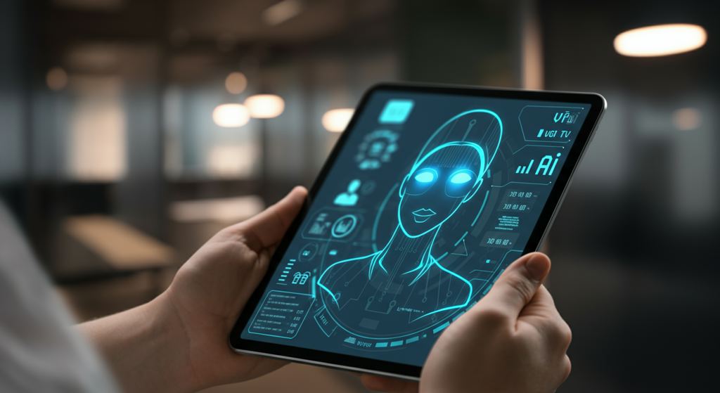 Ein Münchner Geschäftsmann demonstriert eine KI-Sprachassistenten-Oberfläche auf einem Tablet, die neue Umsatzmöglichkeiten für den E-Commerce hervorhebt.