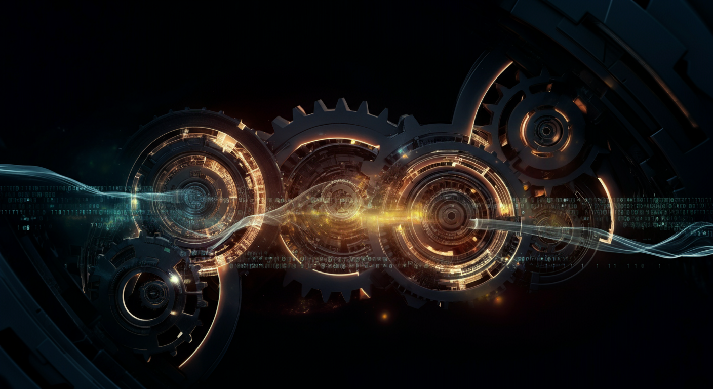 Complex interlocking gears with digital data streams representing AI integration.