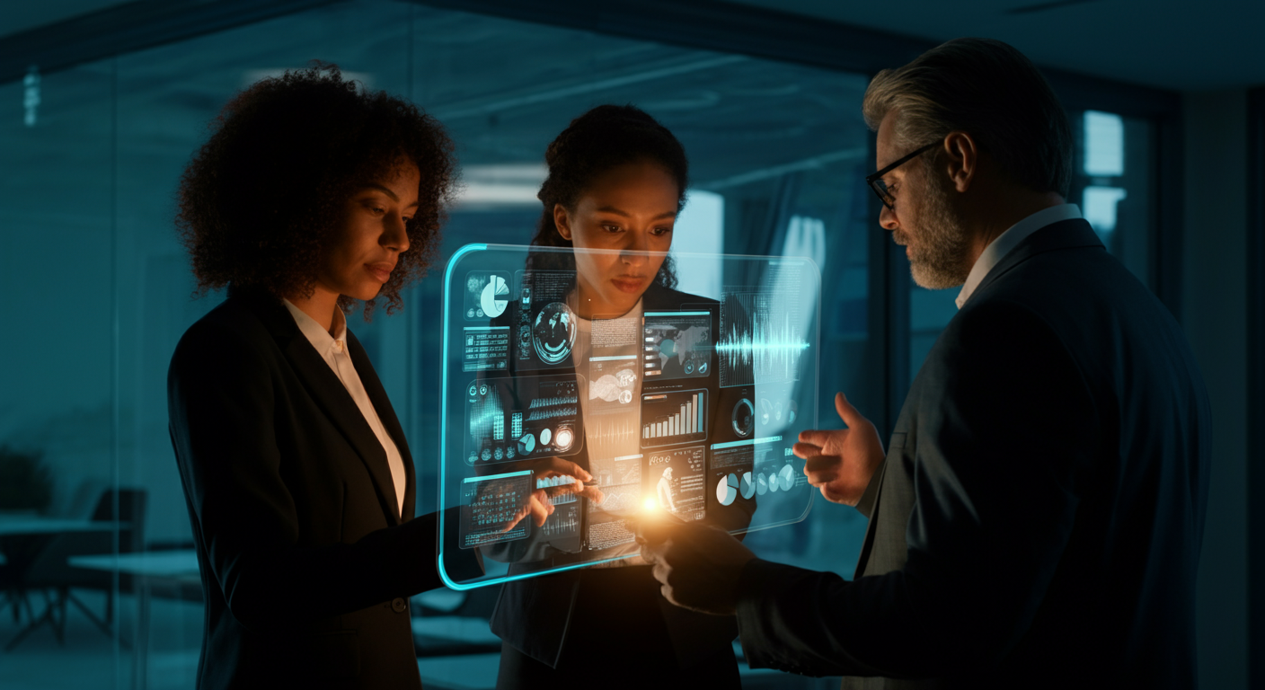 A diverse team of business professionals collaborating around a futuristic holographic interface displaying AI data and analytics, symbolizing enterprise-scale AI voice agent implementation.
