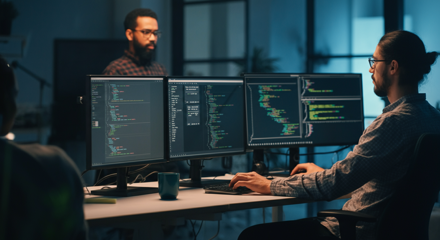 A diverse team analyzing data and code on multiple computer screens, identifying common pitfalls in AI deployment