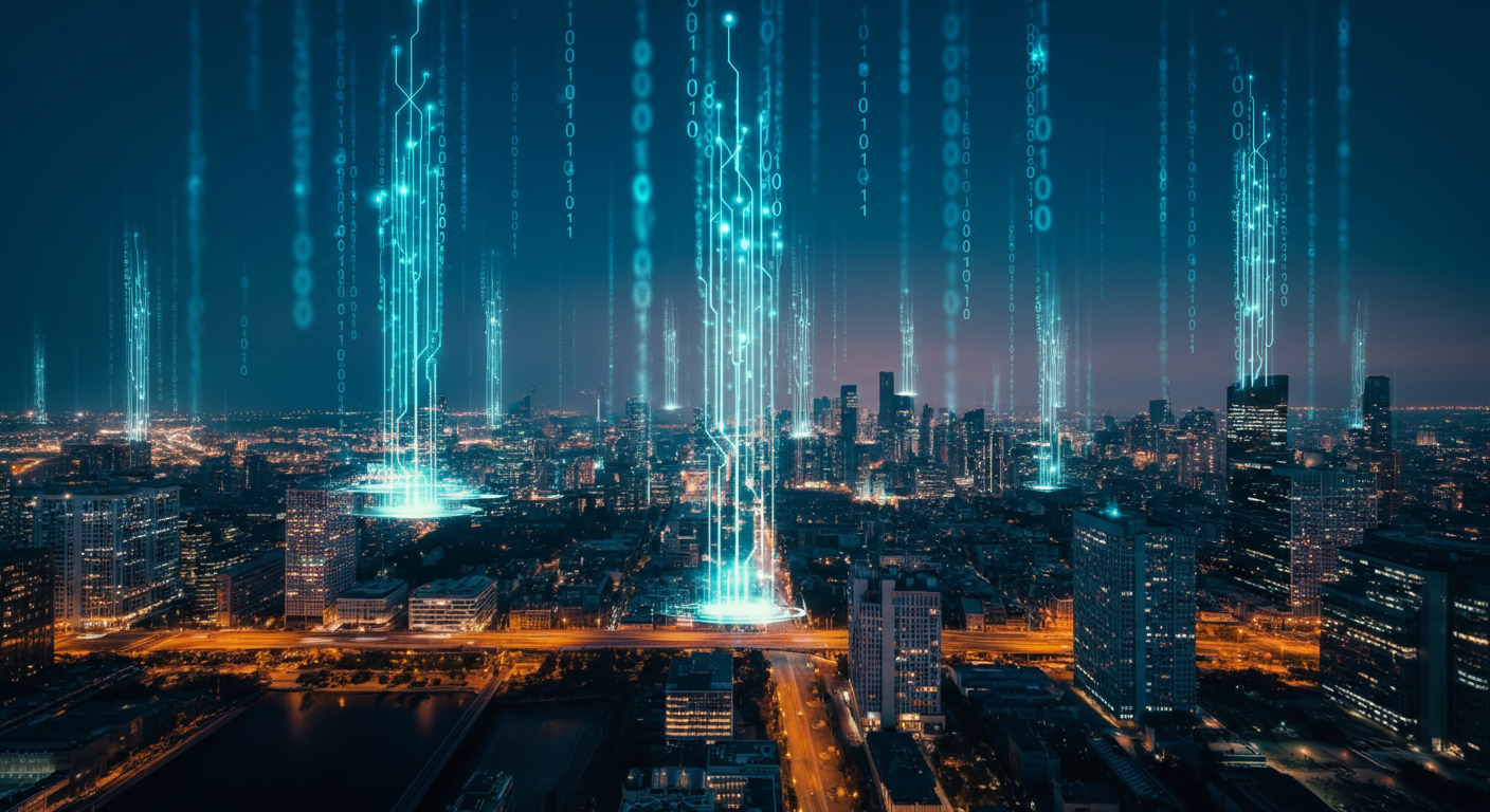 A futuristic city landscape at dusk with glowing data streams symbolizing ethical AI and technological advancement
