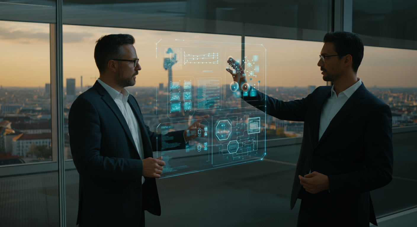Business executives in a modern Munich office discussing new AI-driven business models