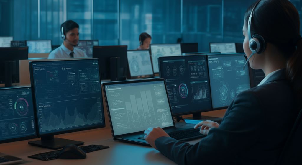Modernes Enterprise-Callcenter, das die Zusammenarbeit zwischen menschlichen Agenten und KI-Sprachagenten-Dashboards demonstriert