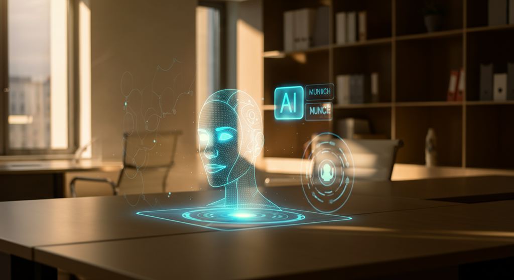 Eine professionelle Umgebung in München, Deutschland, die fortschrittliche KI-Sprachagenten-Technologie zeigt, die in Geschäftsabläufe integriert ist.
