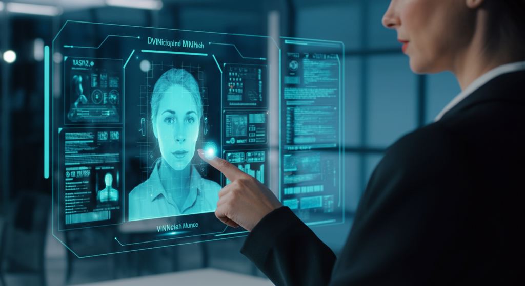 Geschäftsfrau in einem modernen Münchner Büro analysiert Daten auf einer holografischen KI-Sprachagenten-Oberfläche