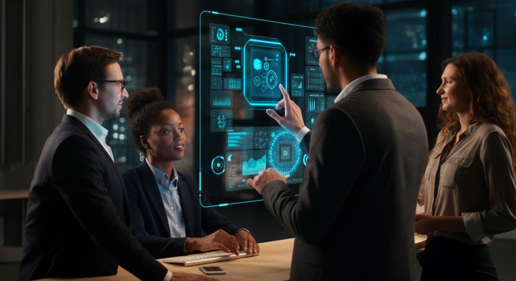 Diverses Geschäftsteam in einem modernen Münchner Büro arbeitet an einer futuristischen KI-Oberfläche für Innovation zusammen