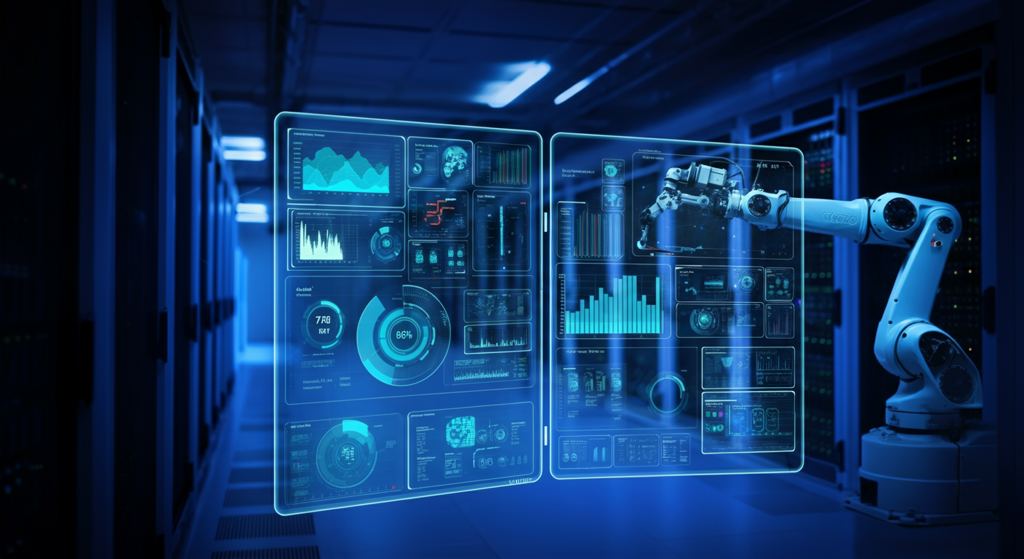 A modern data center showcasing efficient AI operations with dashboards and automated systems, symbolizing operational efficiency.