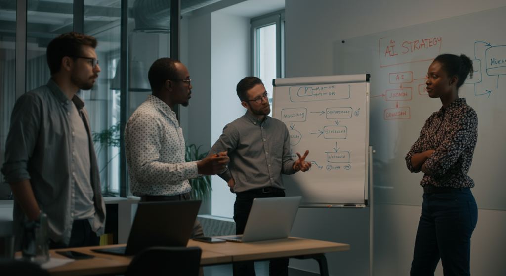 Diverse business team collaborating on an AI strategy in a Munich office, focusing on e-commerce growth.