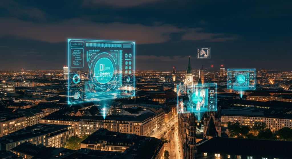 Futuristische Stadtlandschaft von München mit holografischen KI-Projektionen, die fortschrittliche KI-Strategie und Unternehmenstransformation symbolisieren.