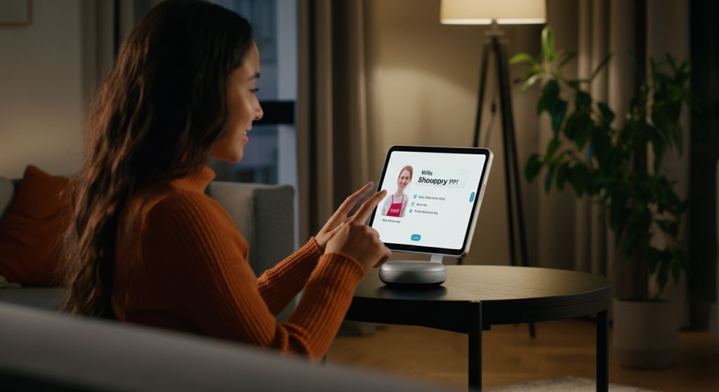 Eine Frau in München interagiert mit einem Smart Speaker für personalisierte Online-Shopping-Empfehlungen, was fortschrittliche KI-Kundenbindung veranschaulicht.