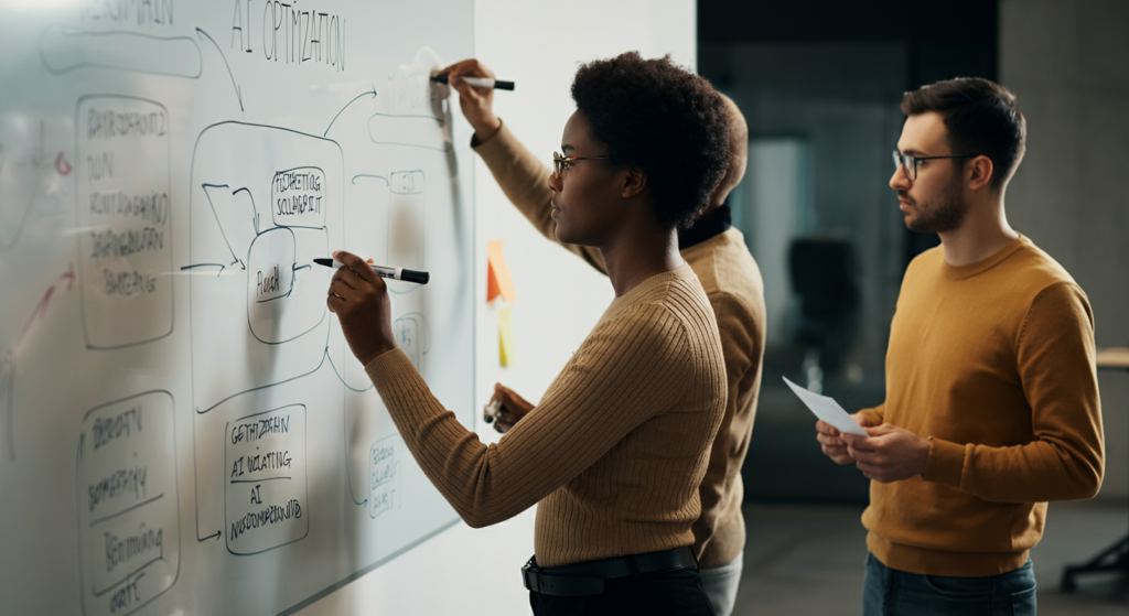 Deutsches Geschäftsteam plant KI-Optimierungs- und Skalierbarkeitsstrategie auf einem Whiteboard