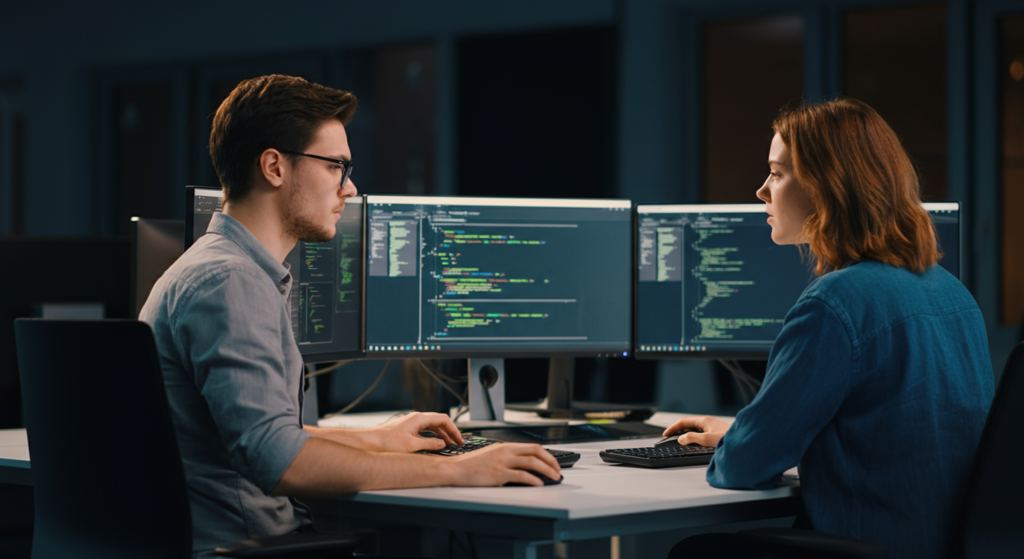 Deutsche Softwareentwickler testen gemeinsam einen KI-Automatisierungs-Workflow in einem modernen Tech-Büro