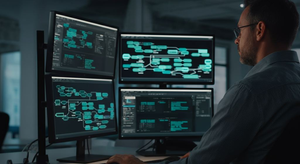 Technical lead managing complex data integration workflows with n8n on multiple monitors