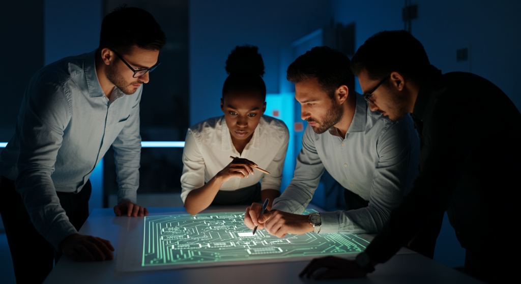 IT-Manager und Ingenieure arbeiten gemeinsam an einem strategischen KI-Einführungsplan für die unternehmensweite Bereitstellung in Deutschland