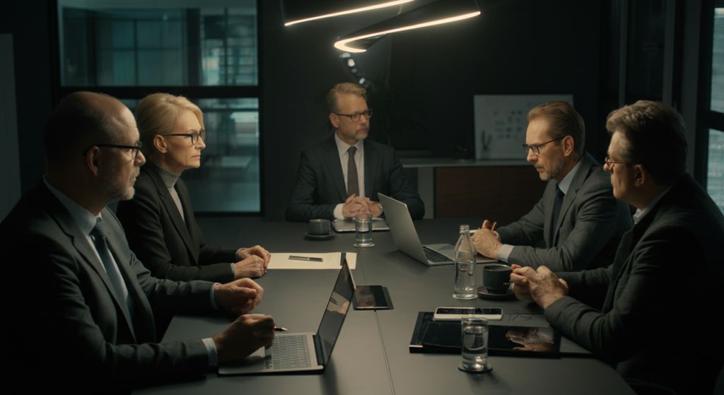 Deutsche Führungskräfte in einem modernen Büro diskutieren strategische KI-Workflow-Automatisierungspläne für 2026