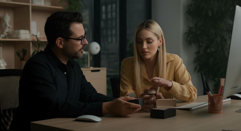 Brand manager meeting with a fashion influencer in a creative office space