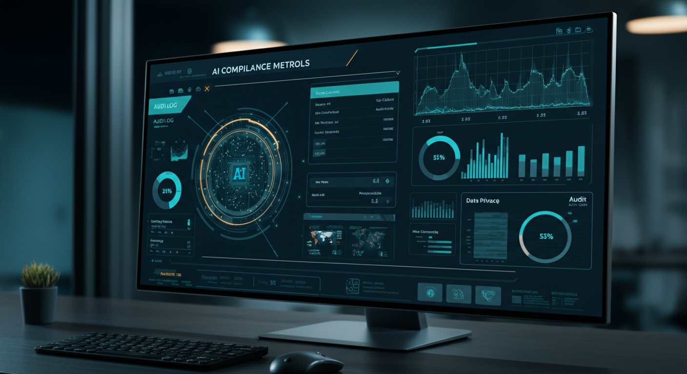Digitales Dashboard zeigt KI-Compliance-Metriken und Datenschutz-Kontrollen für Marketingleiter in Deutschland