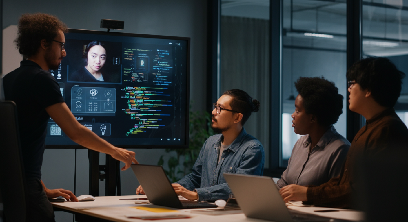 Ein vielfältiges Team von Entwicklern und Ethikern arbeitet in einem modernen Büro an der Entwicklung von KI-Sprachagenten zusammen
