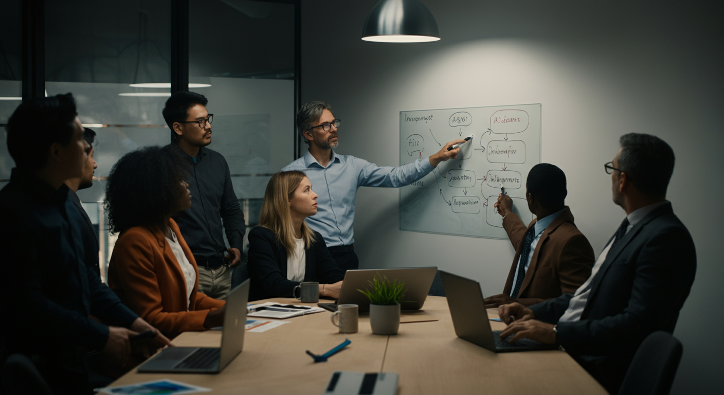 Executives collaborating on a strategic roadmap for AI implementation in a modern boardroom, pointing at a whiteboard with flowcharts.