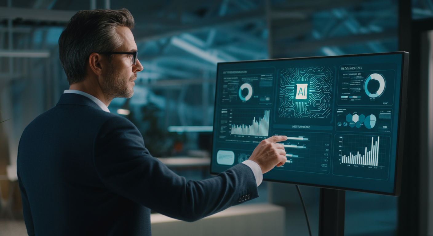 German business owner reviewing AI workflow automation data on a digital dashboard.
